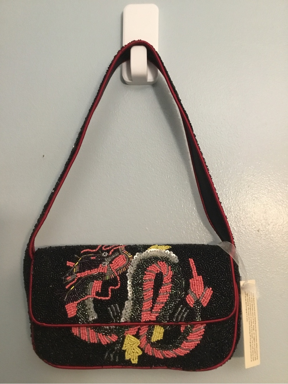 Beaded Black Shoulder Bag with Red Dragon Embroidery NO BRAND - Picture 7 of 15
